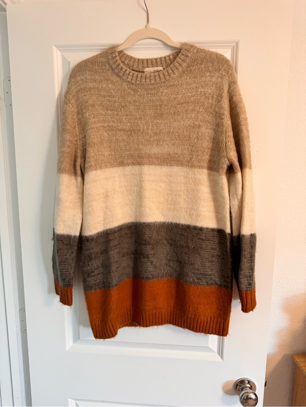 Universal Thread Striped Crewneck Sweater in Tan, Cream, Gray & Rust